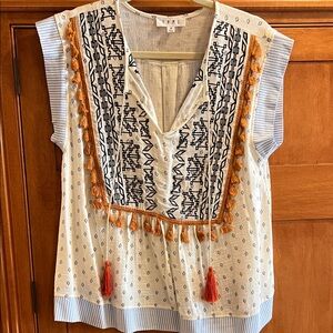 THML Ivory Blouse with Black Embroidery and Orange Tassels